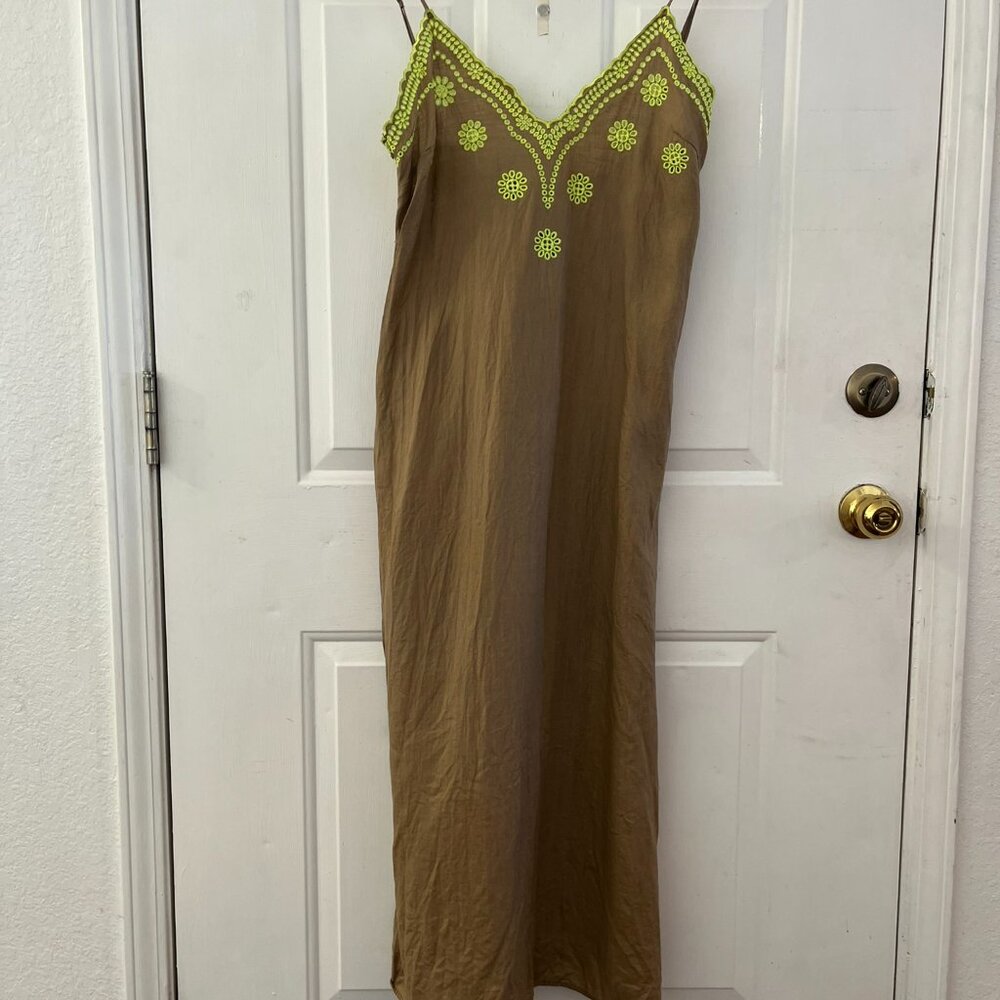 Zara Woman's 100% Linen Brown Embroider Flowers Eyelets Summer Maxi Dress Sz med - Picture 7 of 9